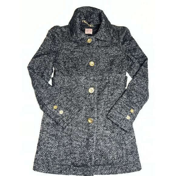 Juicy Couture Coat Size 4 Black 100% Wool Tweed Mid-Length Gold Buttons Classic - Picture 1 of 16